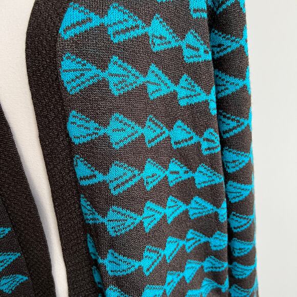 San Remo Knits Open Sweater Cardigan Charcoal Grey Blue Geo Large - Picture 2 of 9